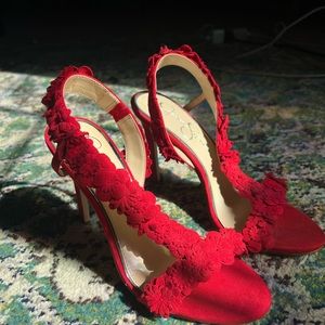 Red velvet flower strap high heel. Sadly to big on me